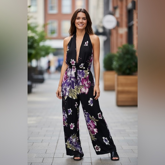 #303 Floral Halter Jumpsuit - Picture 1 of 4